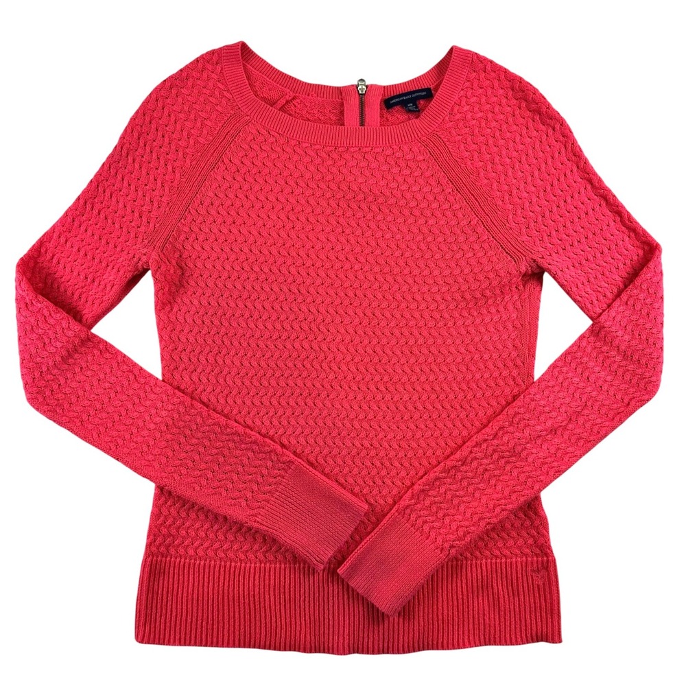 American Eagle Womens Medium Coral Pink Cable Knit Back Zip Sweater Y2K